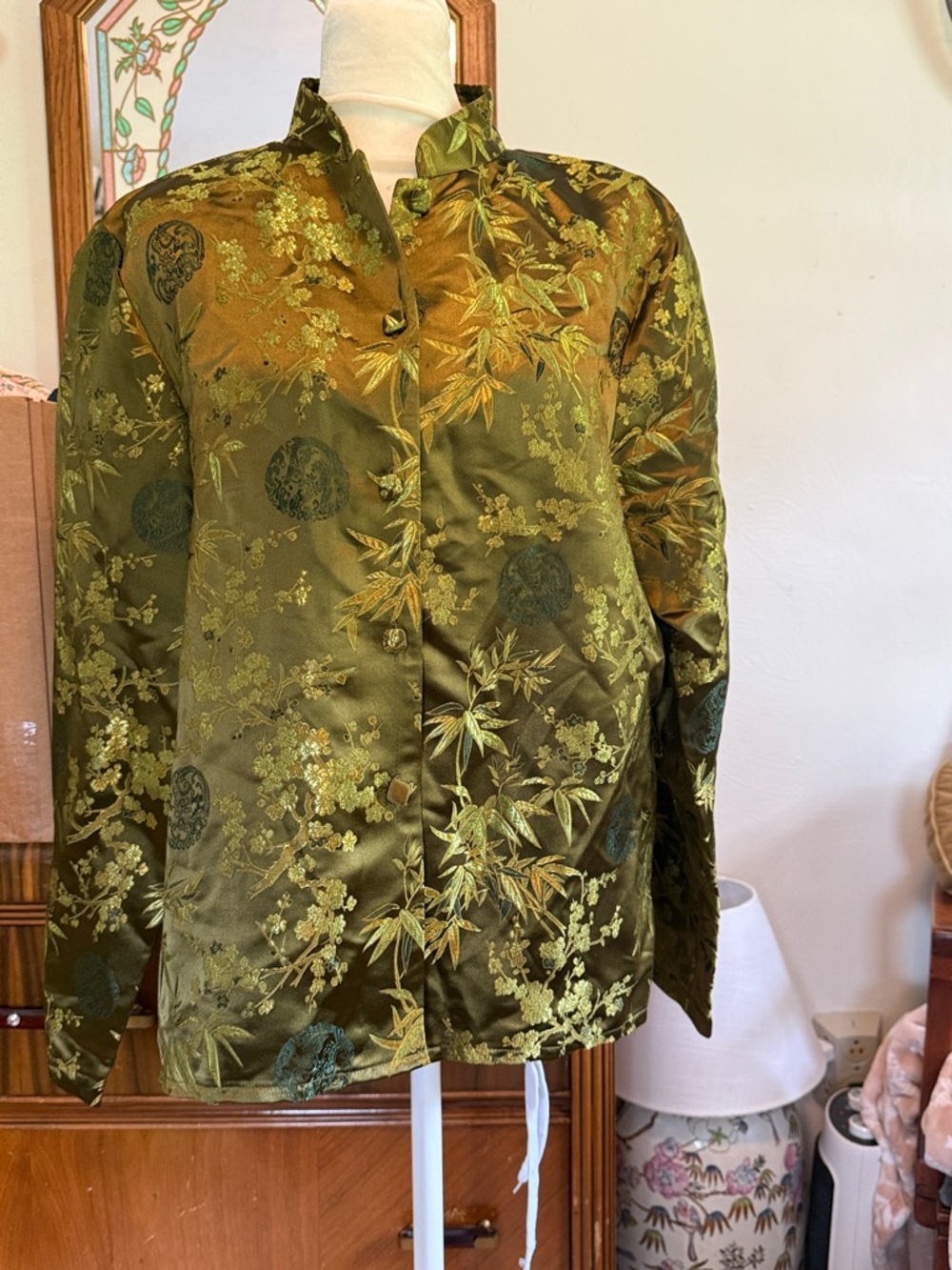 Clio Olive Green Satin Bomber Jacket with Botanical Jacquard vintage medium